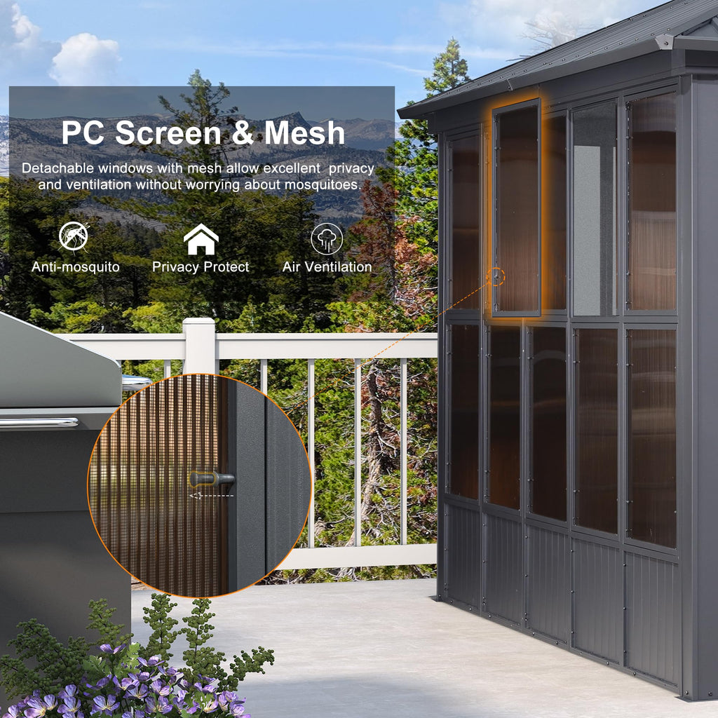 12' X 16' Solarium Sunroom Permanent Hardtop Gazebo Galvanized Steel Double Roof Aluminum Outdoor Screen House for Lawn Deck Backyard Grey