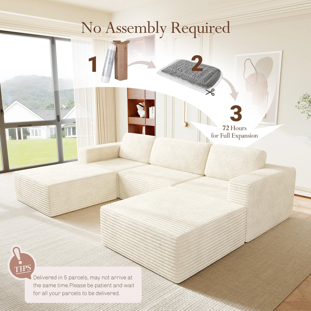 119" Oversized U-Shaped Modular Sectional Sofa, Corduroy Cloud Couch with Deep Seating & Spring Support, Convertible Sofa with 2 Ottomans, Boneless Couch, No Assembly Required, Beige