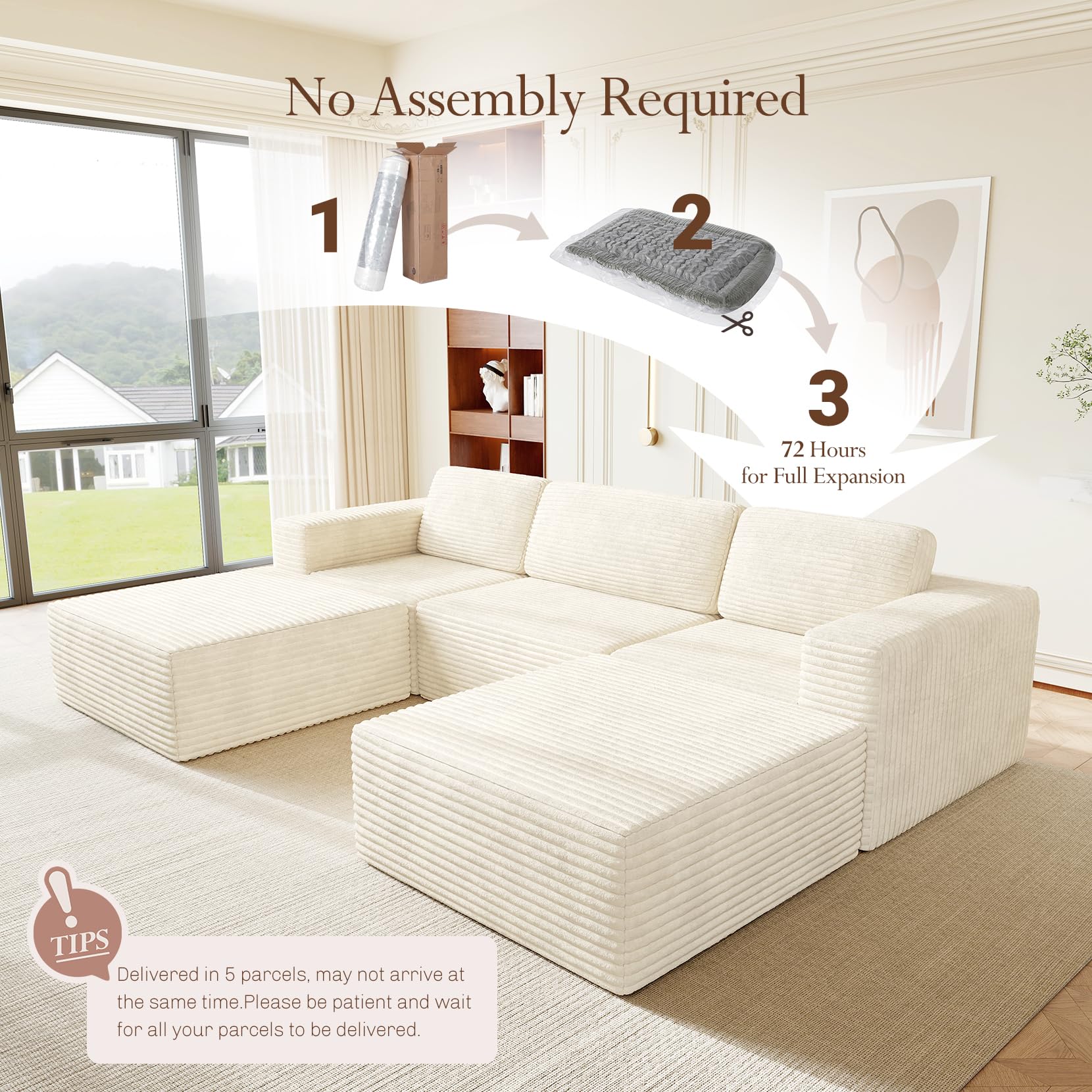 119" Oversized U-Shaped Modular Sectional Sofa, Corduroy Cloud Couch with Deep Seating & Spring Support, Convertible Sofa with 2 Ottomans, Boneless Couch, No Assembly Required, Beige