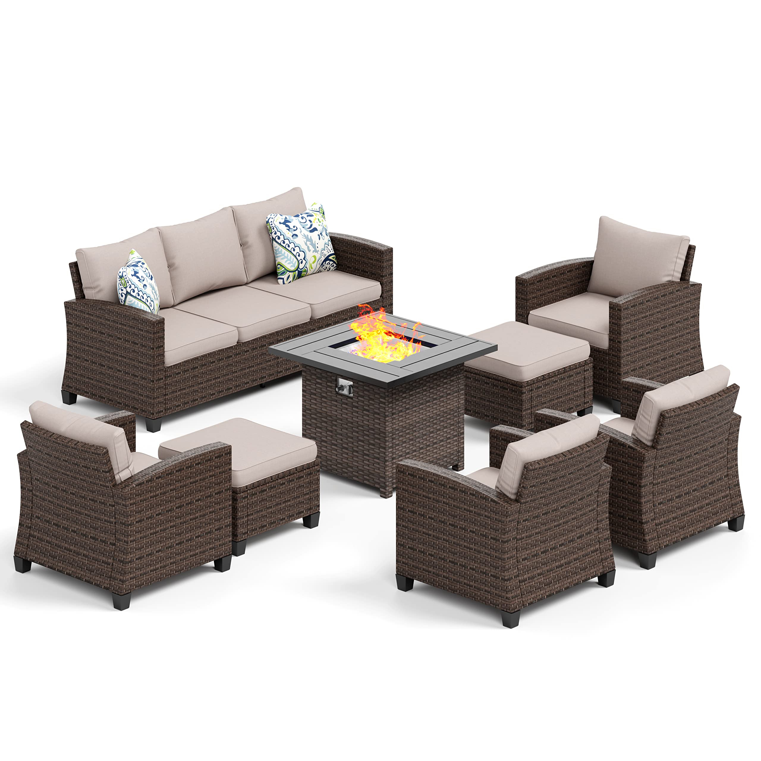 8 Pieces Wicker Patio Furniture Set with Fire Pit Table, 4 x Single Chair, 2 x Ottoman, 3-Seat Sofa and 32
