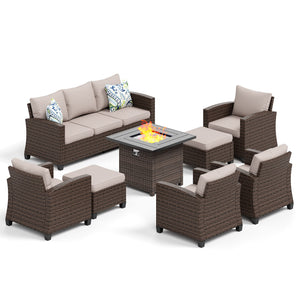 8 Pieces Wicker Patio Furniture Set with Fire Pit Table, 4 x Single Chair, 2 x Ottoman, 3-Seat Sofa and 32