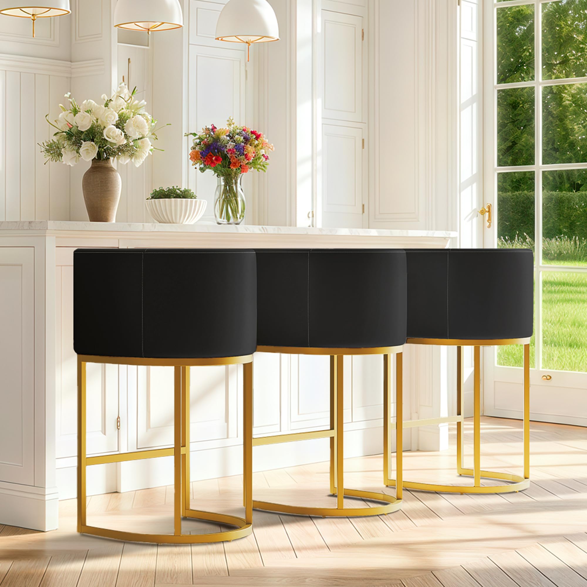 Modern Counter Height Bar Stools,Bar Stools Set of 3,PU Leather Upholstered Barrel Barstools with Backs,24'' Kitchen Island Chairs,Metal Gold Frames,Ink Black Leather