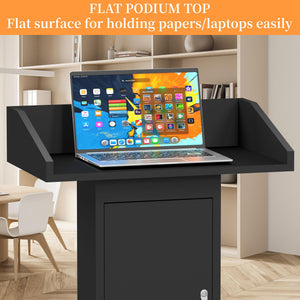 Heavy-Duty Black Metal Podium Stand with Lockable Wheels | Mobile Lectern with Storage Cabinet & Standard 44.56