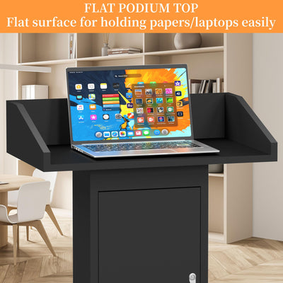 Heavy-Duty Black Metal Podium Stand with Lockable Wheels | Mobile Lectern with Storage Cabinet & Standard 44.56