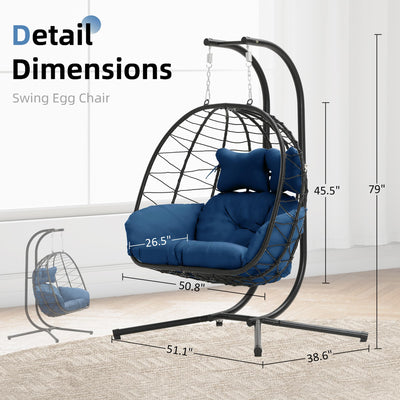 Double Egg Chair with Stand Hammock Swing Chair Foldable Hanging Loveseat, UV Resistant Removable Cushions, 700LBS Capacity for Bedroom, Balcony, Garden(BK-BL)