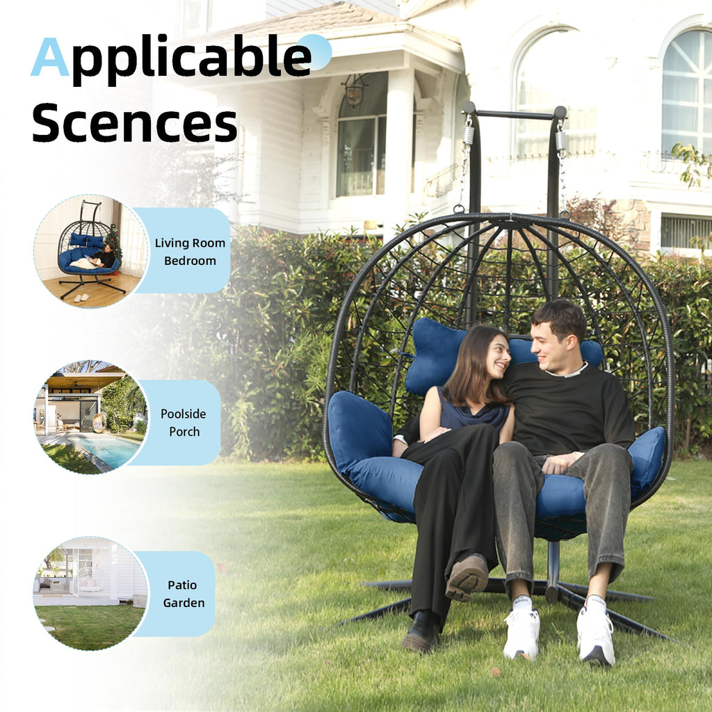 Double Egg Chair with Stand Hammock Swing Chair Foldable Hanging Loveseat, UV Resistant Removable Cushions, 700LBS Capacity for Bedroom, Balcony, Garden(BK-BL)
