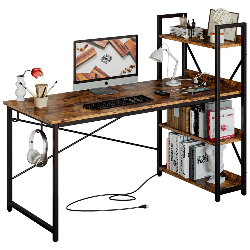 Computer Desk 55" with Power Outlet and Storage Shelves, Study Writing Table with USB Ports Charging Station, PC Desk Workstation for Home Office, Rustic Brown