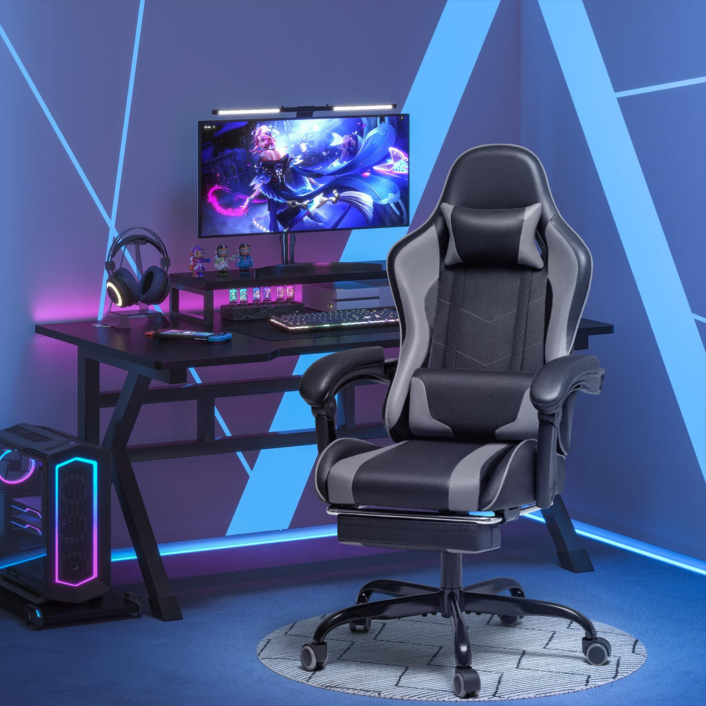 Gaming Chair, Video Game Chair with Footrest and Massage Lumbar Support, Ergonomic Computer Chair Height Adjustable with Swivel Seat and Headrest (Grey)