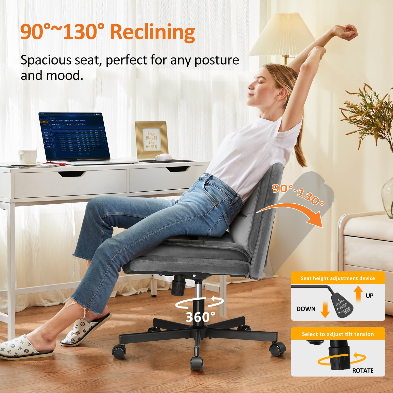 Criss Cross Chair with Wheels Armless Cross Legged Office Chair Wide Home Office Desk Chair Swivel Comfy Vanity Desk Chair Height Adjustable Mid Back Wide Seat Computer Task Chair