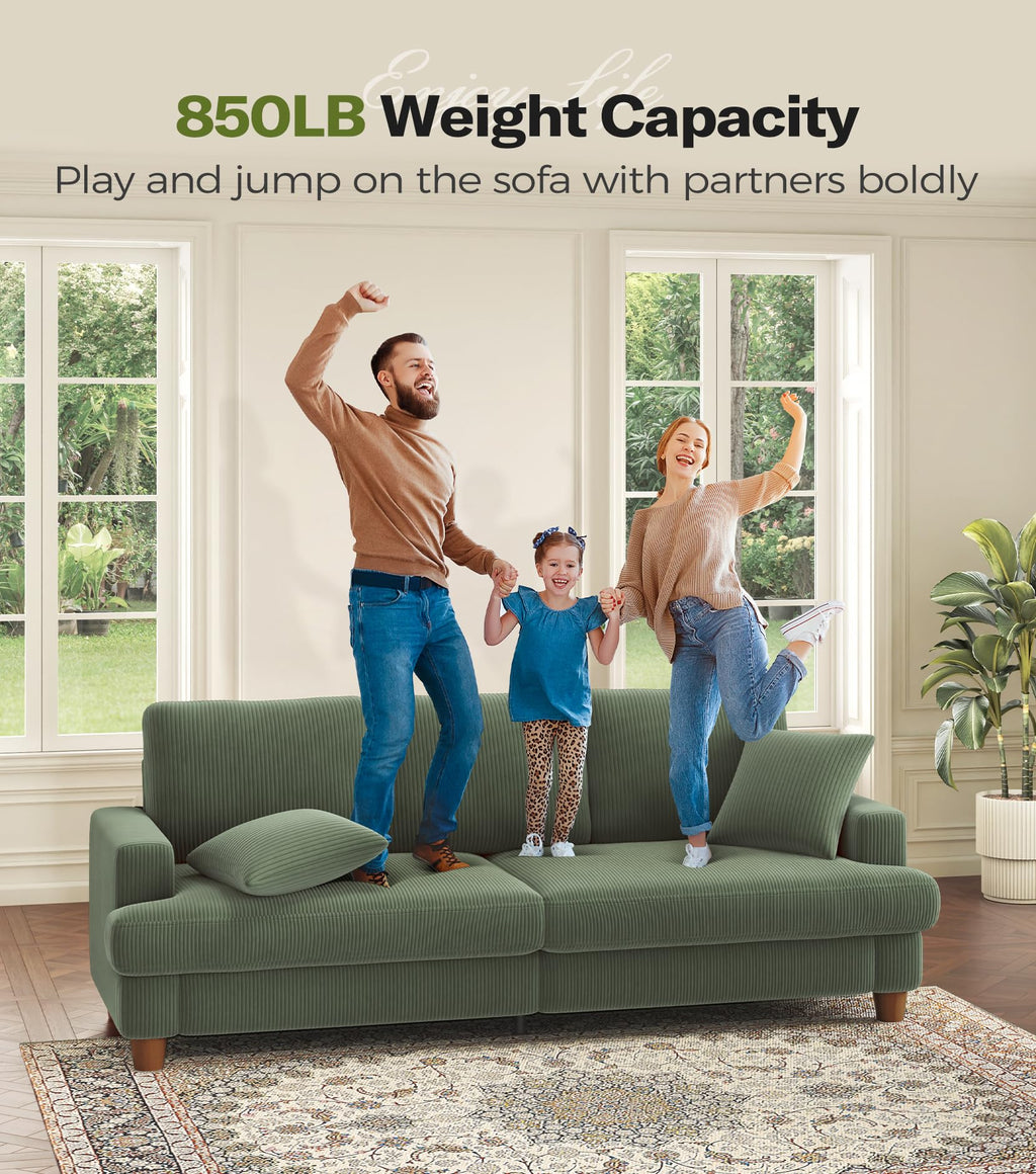87in Corduroy Couch, Kidirect Sofa No Tool Assembly, Comfy Couches for Living Room 21in Deeper Seats, Corduroy Sofas for Living Room with 2 Pillows, Oversized Loveseat Sofa, Boho Love Seat Olive Couch