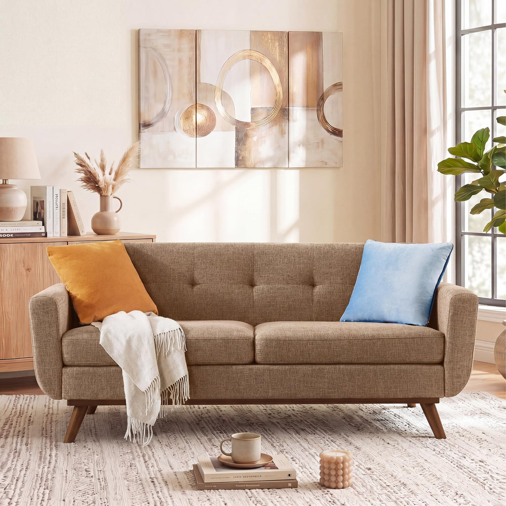 65.2" W Loveseat Sofa, Mid Century Modern Decor Love Seat Couches for Living Room, Button Tufted Upholstered Furniture, Solid & Easy to Install Small Couch for Bedroom Office Apartment, Brown