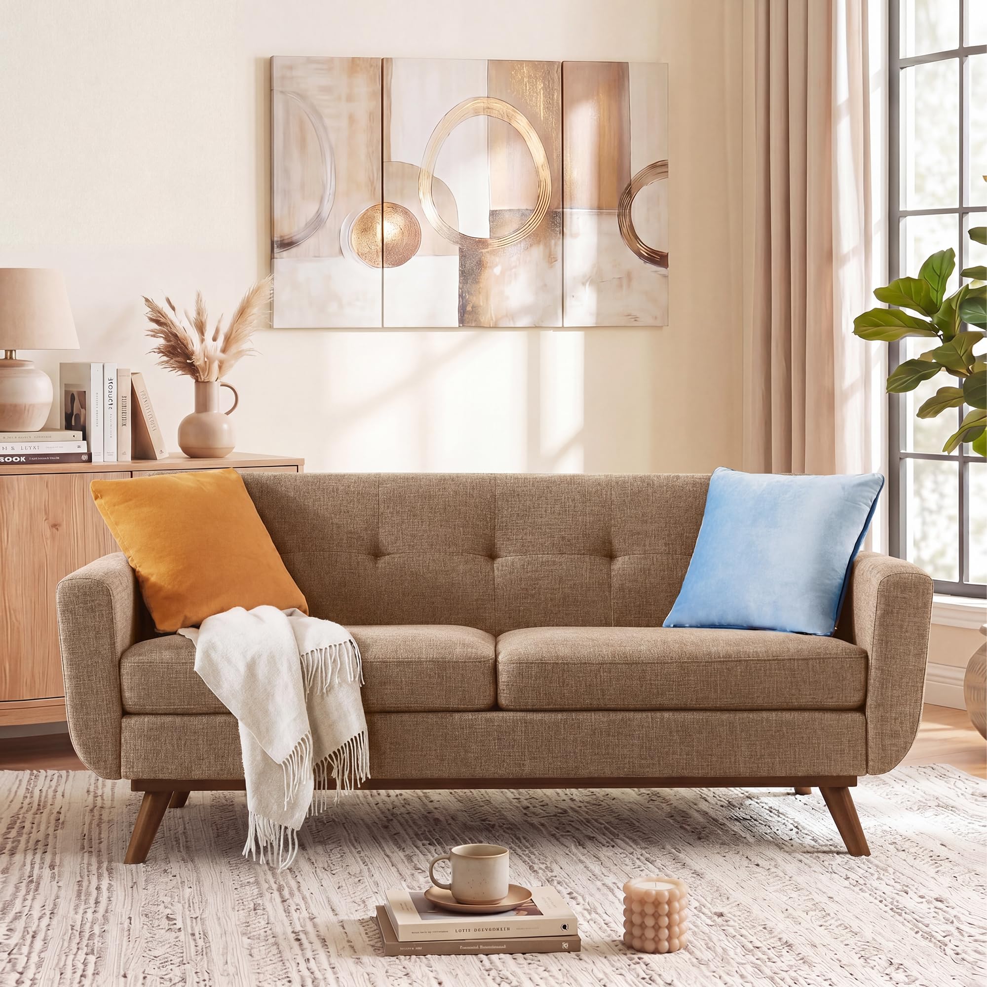 65.2" W Loveseat Sofa, Mid Century Modern Decor Love Seat Couches for Living Room, Button Tufted Upholstered Furniture, Solid & Easy to Install Small Couch for Bedroom Office Apartment, Brown