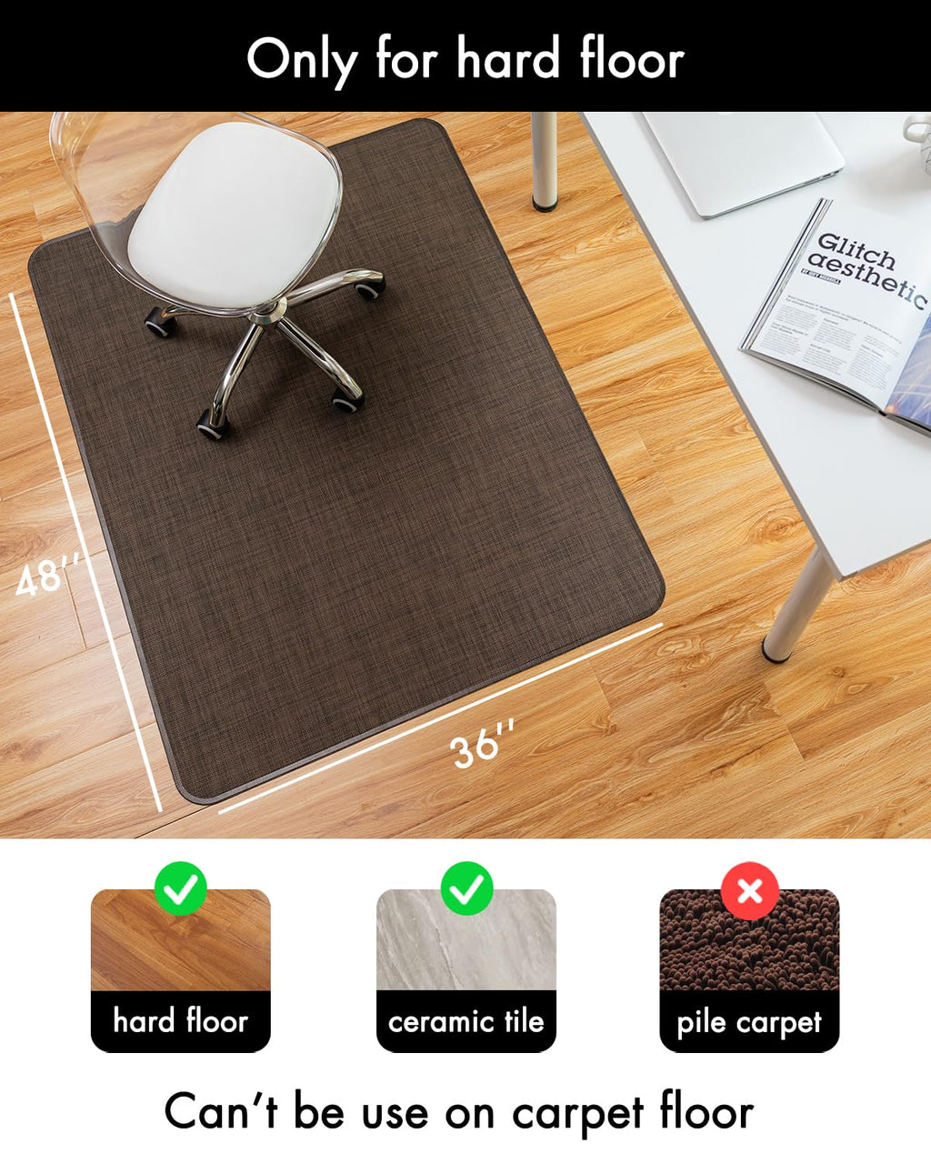 Office Chair Mat for Hardwood Floor Under Desk Computer Rolling Chair Mat for Wood/Tile Floor Non-Slip Heavy Duty Desk Rug PVC Plastic Hard Floor Protector 36" x 48"(Coffee)