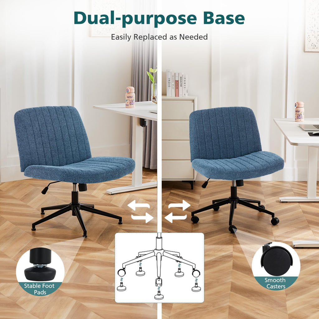 Criss Cross Chair with Wheels Wide Cross Legged Office Desk Vanity Chair Comfy Fabric Armless Height Adjustable Swivel for Home Computer Task Blue