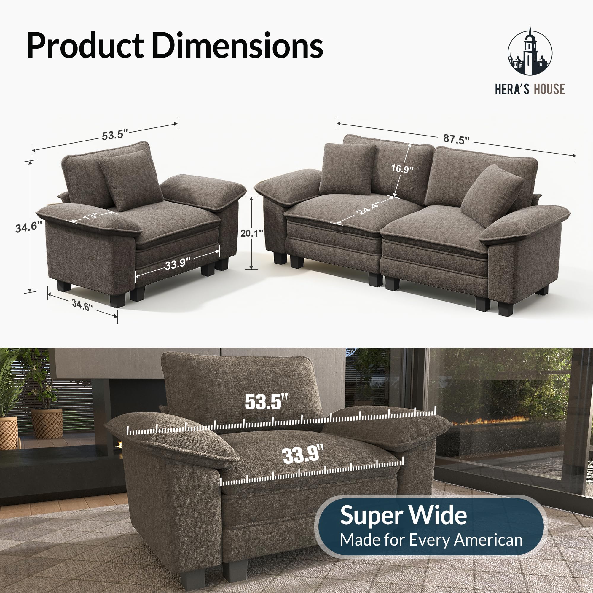 2 Pieces Modular Sectional Sofa Sets, Oversized Couch Set with Loveseat and Armchair, Comfy Cloud Couches with Throw Pillows, 3-Seater Deep Seat Sofa for Living Room, Chenille Ash