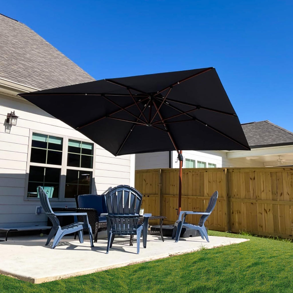 9' X 12' Double Top Deluxe Wood Pattern Rectangle Patio Umbrella Offset Hanging Umbrella Outdoor Market Umbrella Garden Umbrella, Navy Blue