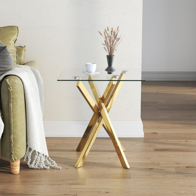 Small Side Table with Chromed Legs, Tempered Glass Square Modern End Table Sofa Table for Living Room Home Office (1, Gold, 20