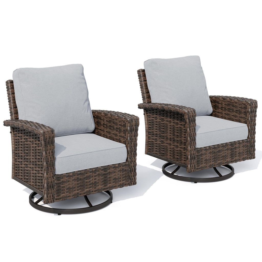High Back Outdoor Swivel Chairs with 5.5" Thick Cushions, Wicker Rattan Patio Chairs Set of 2, Porch Deck Balcony Backyard Furniture, Grey