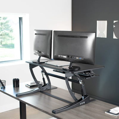 36 inch Height Adjustable Stand Up Desk Converter, V Series, Quick Sit to Stand Tabletop Dual Monitor Riser Workstation, Black, DESK-V000V