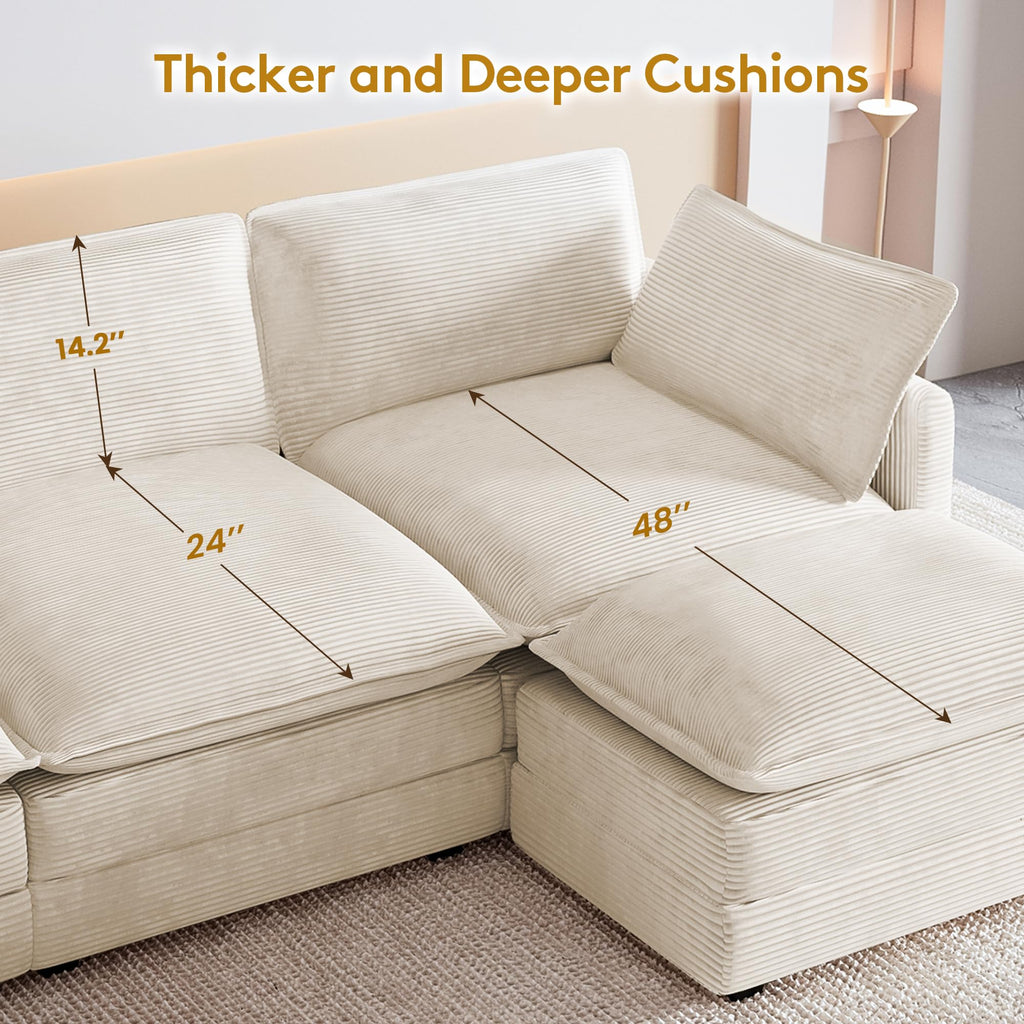 112'' Oversized Modular Sectional Cloud Couch with Movable Ottoman, 4 Seat Modern Corduroy Sofa, Deep Seat L Shaped Couch for Living Room Bedroom Apartment, Cream