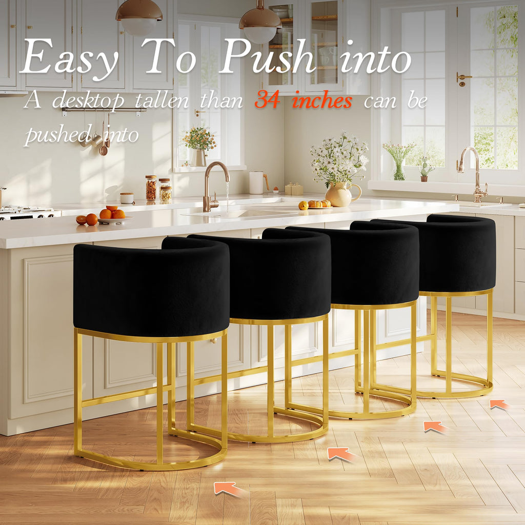 Modern Counter Height Bar Stools,Bar Stools Set of 2,Velvet Fabric Upholstered Barrel Barstools with Backs,26'' Kitchen Island Chairs,Metal Gold Frames,Ink Black Velvet