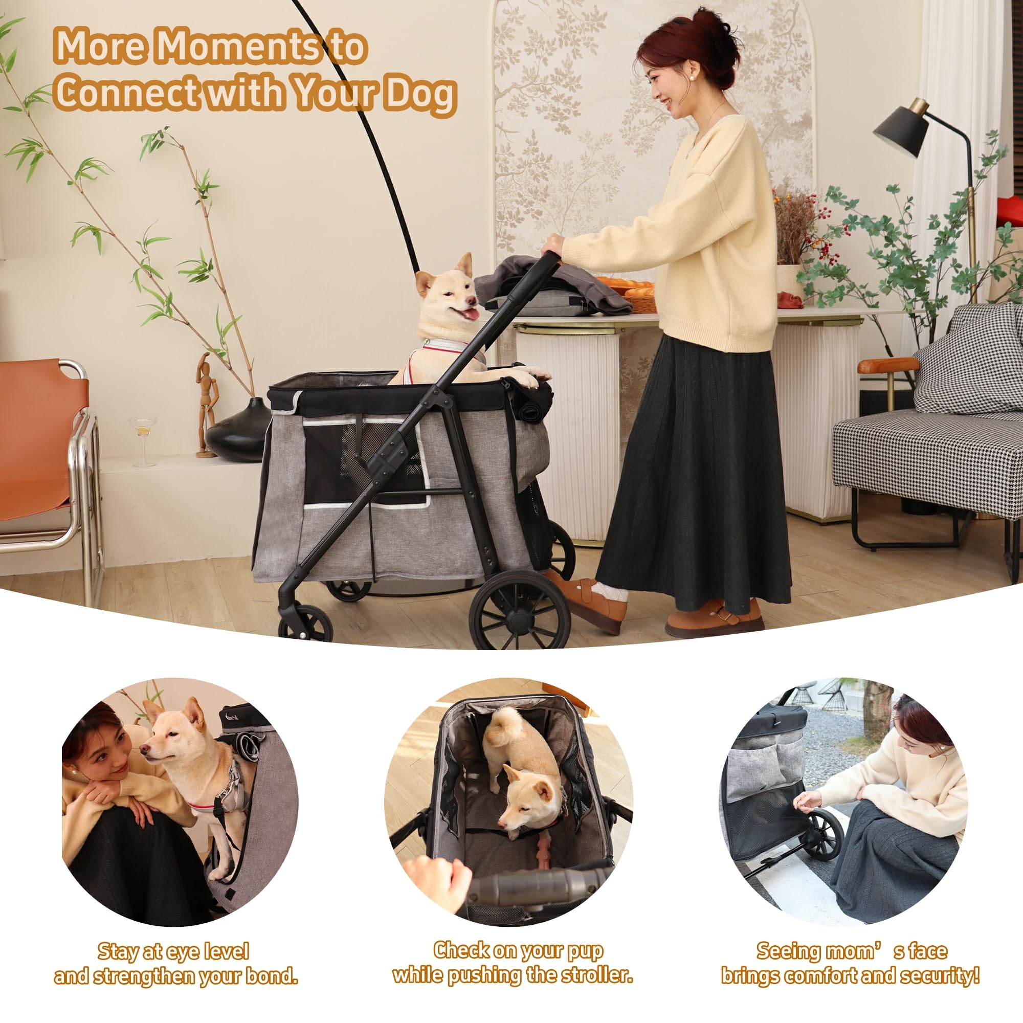 Medium Dog Stroller for Small to Large Dogs 4 Wheels Multi Pet Stroller for 4 Dogs Holds Up to 40lbs, One-Click Folding&Smooth Tires&Sunshade & Storage Basket (Gray, Medium)