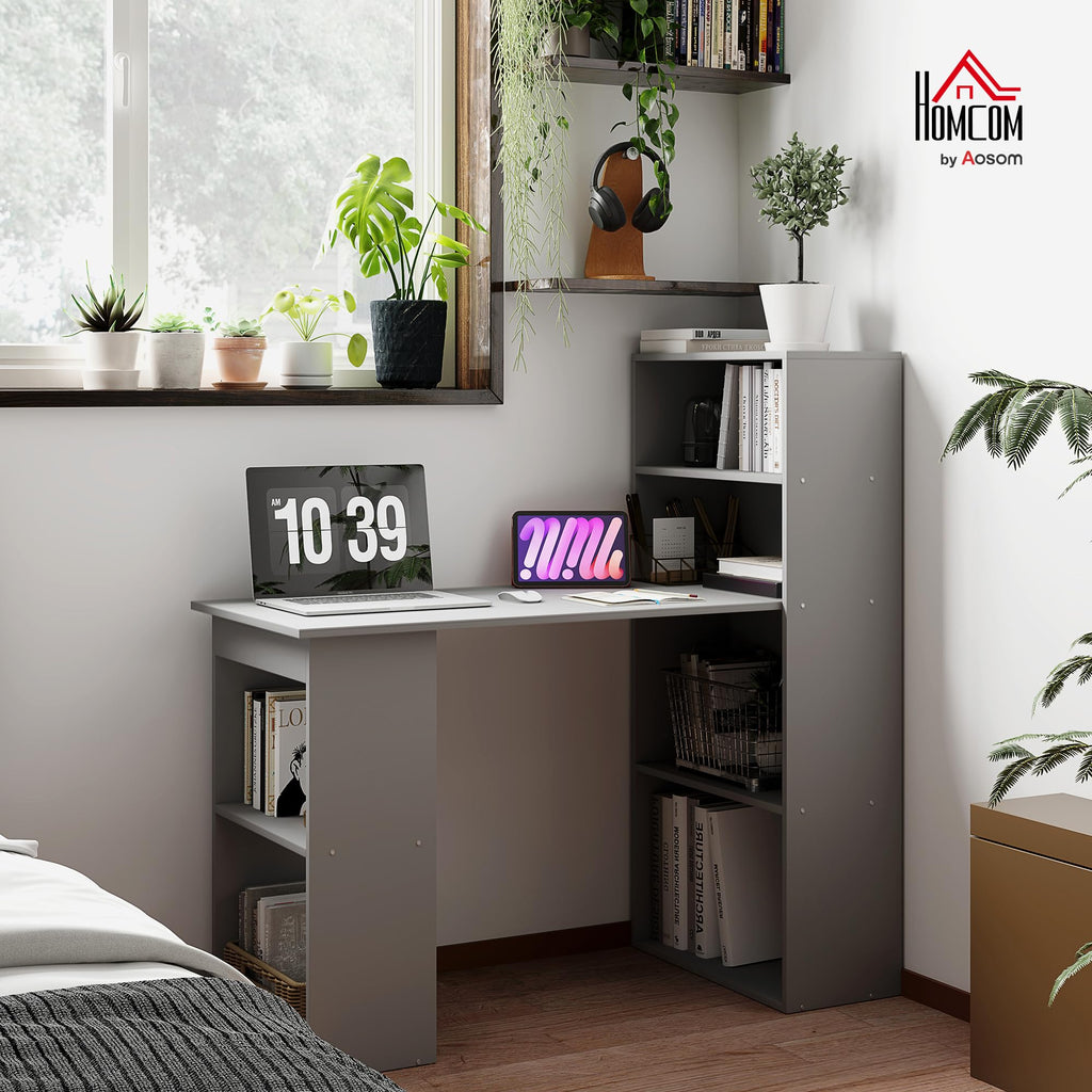 Modern Home Office Desk with 6-Tier Storage Shelves, 47" Writing Desk with Bookshelf, Gray