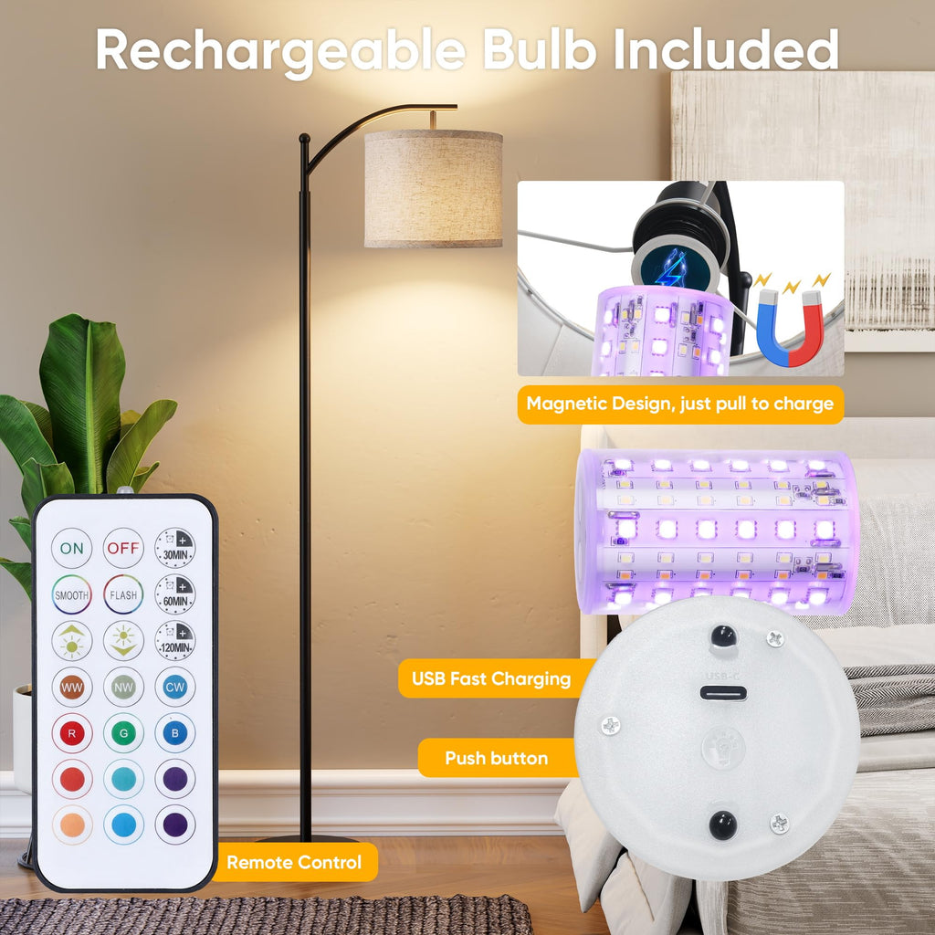 Battery Operated Floor Lamp, RGB Dimmable Cordless Standing Lamp with Remote Control for Living Room, Tall Floor Lamp for Bedroom
