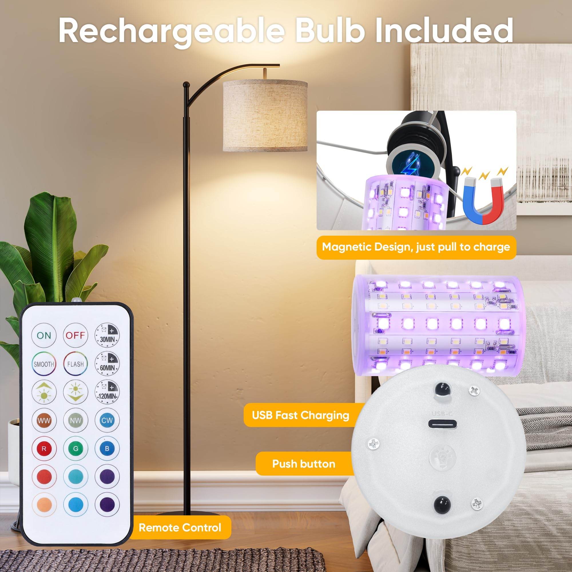 Battery Operated Floor Lamp, RGB Dimmable Cordless Standing Lamp with Remote Control for Living Room, Tall Floor Lamp for Bedroom