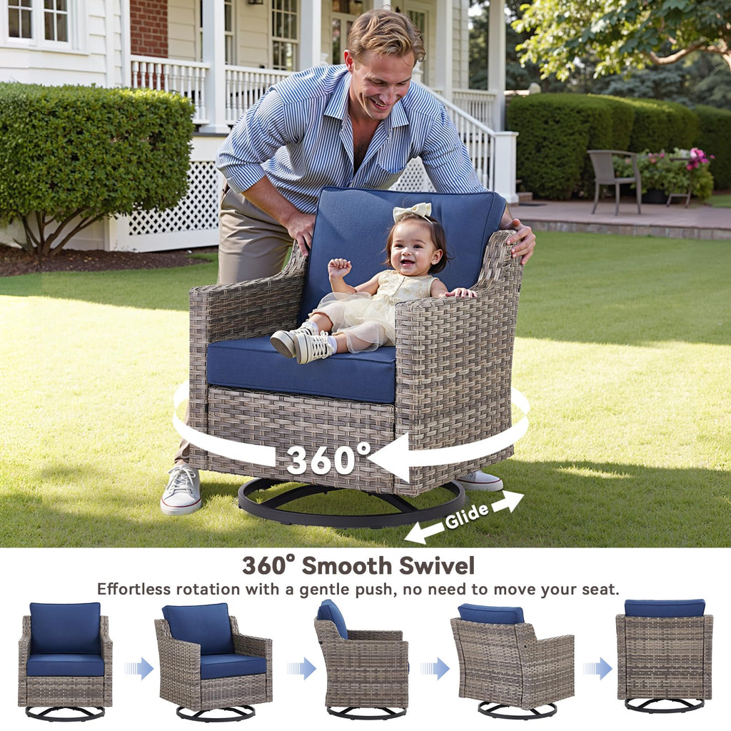 Outdoor Patio Furniture Set-6 Piece High Back Outdoor Furniture Set Sectional Sofa with Wicker Swivel Rocker Patio Chairs,Thick Cushions Ottomans for Porch Balcony Patio Deck Grey/Blue