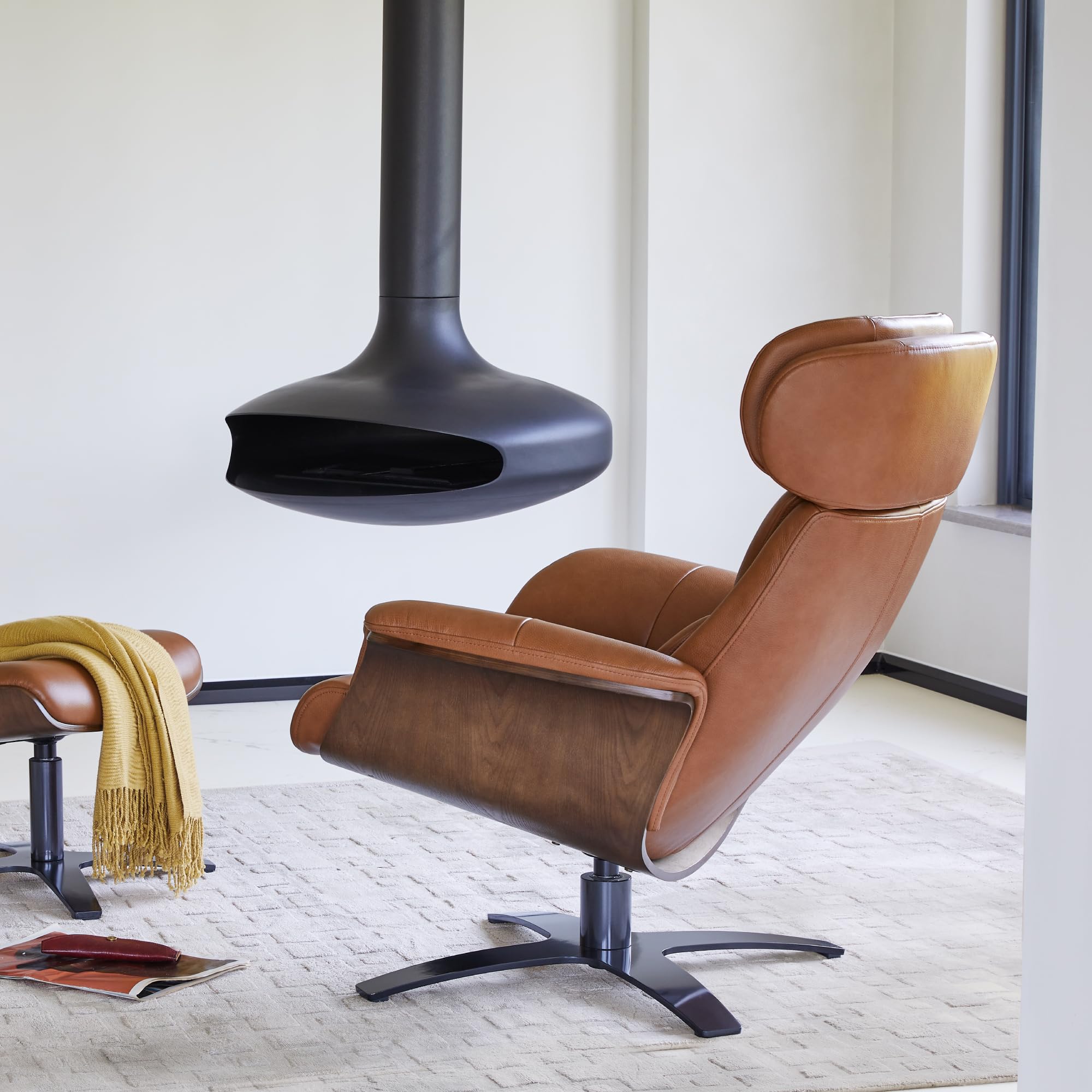 Genuine Leather Reclining Swivel Chair with Adjustable Headrest and Ottoman for Living Room, Saddle