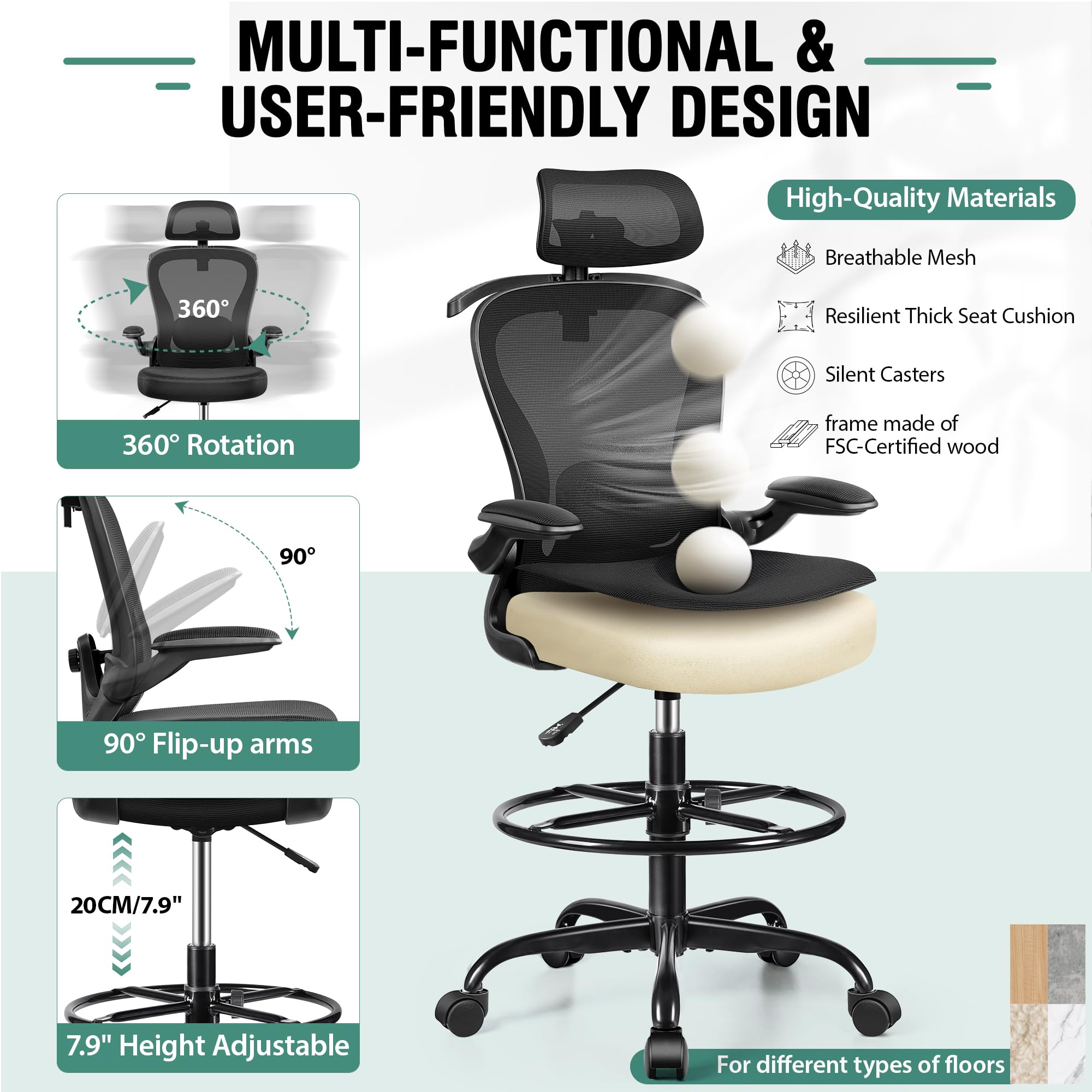 Drafting Chair, Tall Office Chair with 3D Lumbar & Head Support, Ergonomic Mesh Standing Desk Chair with Footring, Comfy Extended High Desk Chair with Flip-Up Arms & Hanger,Black