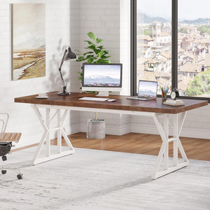 70.8-Inch Executive Desk, Large Computer Office Desk Workstation, Modern Simple Style Laptop Desk Study Writing Table Business Furniture for Home Office (Brown/White, 70.8 Inch)