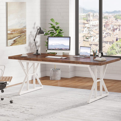 70.8-Inch Executive Desk, Large Computer Office Desk Workstation, Modern Simple Style Laptop Desk Study Writing Table Business Furniture for Home Office (Brown/White, 70.8 Inch)