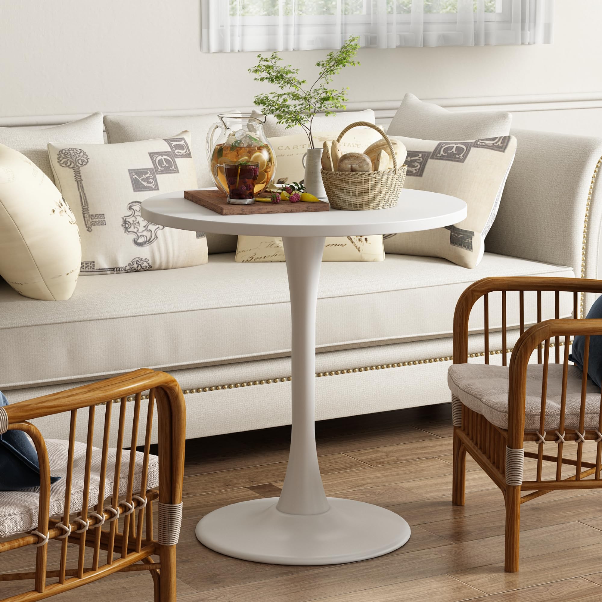 Round Dining Table 27.5" Circle Tulip Table with Wood Thickened Tabletop & Sturdy Metal Pedestal Mid Century Modern Leisure Bistro Kitchen Tables 4 People Small Places Living Room Cafe,White