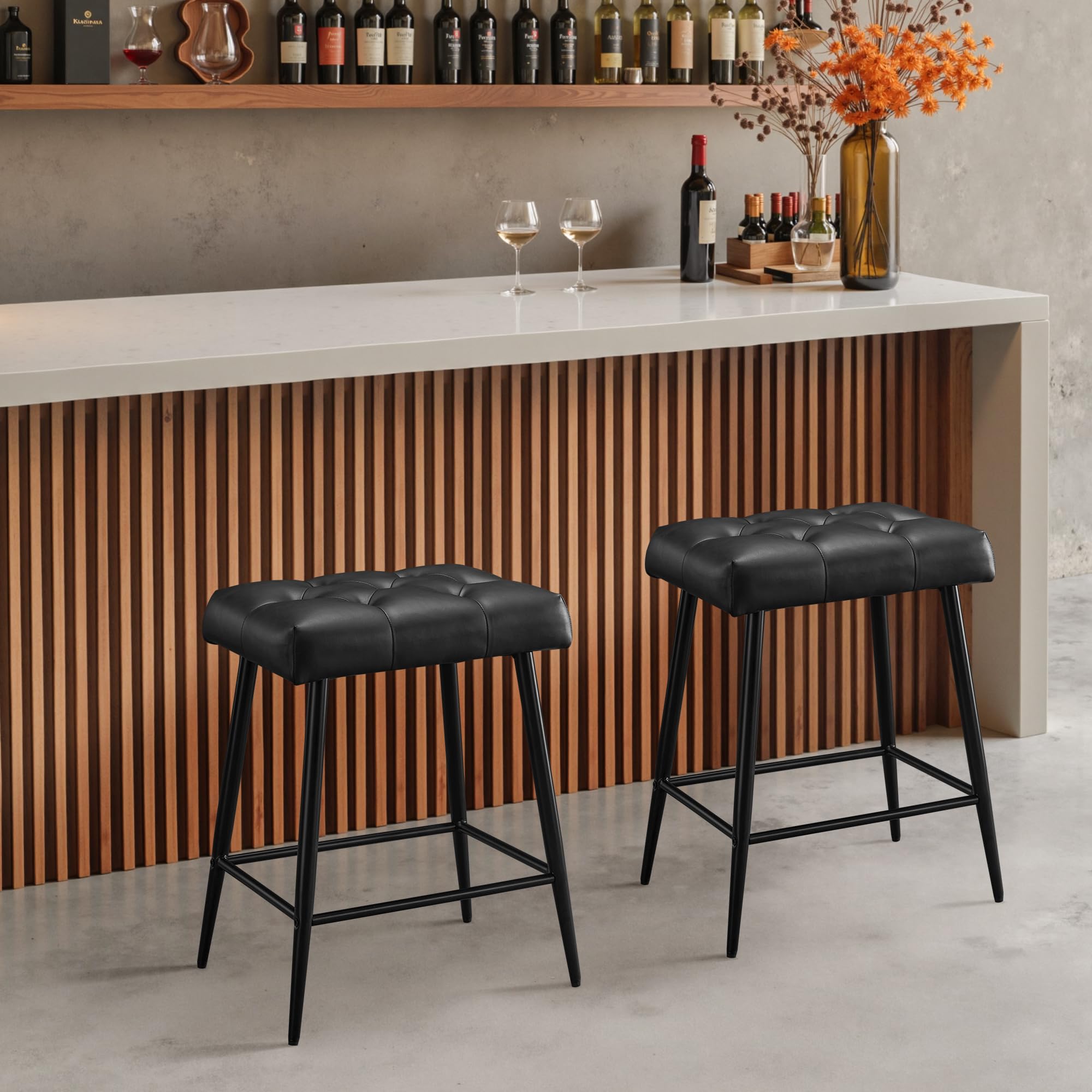 Bar Stools Set of 2, 24 Inch Bar Stool for Kitchen Island, Modern Counter Height Bar Stools for Kitchen Counter, Bar Chairs with Sturdy Metal Base and Adjustable Foot Pins, Black