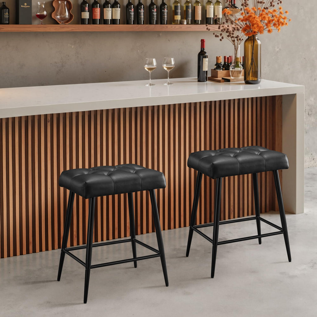 Bar Stools Set of 2, 24 Inch Bar Stool for Kitchen Island, Modern Counter Height Bar Stools for Kitchen Counter, Bar Chairs with Sturdy Metal Base and Adjustable Foot Pins, Black