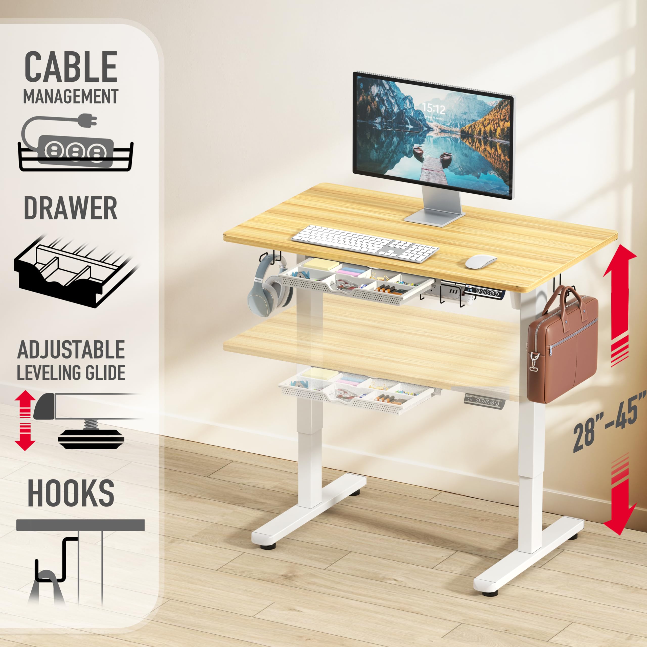 40-Inch Electric Height Adjustable Standing Desk with Drawer, Memory Preset and Cable Management Tray, Oak