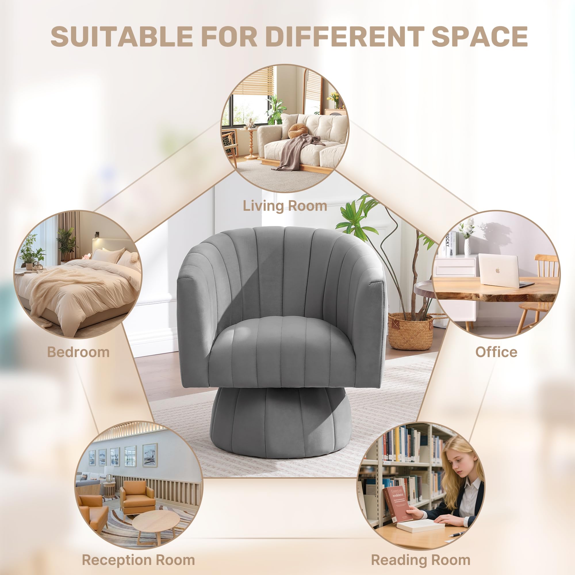 Swivel Accent Barrel Chair Set of 2, Cute Comfy Small Round 360° Arm Chair, Velvet Sofa Club Reading Chair for Living Room Bedroom Office Grey