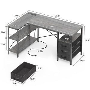 L Shaped Office Desk with Power Outlets, 47 Inch Computer Desk with 3 Drawers, Shelves, for Gaming, Corner Work, Home Office, Study, Grey