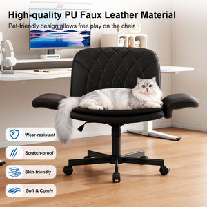 Criss Cross Chair with Armrests & Wheels for Cross-Legged Sitting, Comfortable PU Leather Vanity Chair, Office Desk Chairs with Adjustable Rocking Function, for Home, Bedroom Black