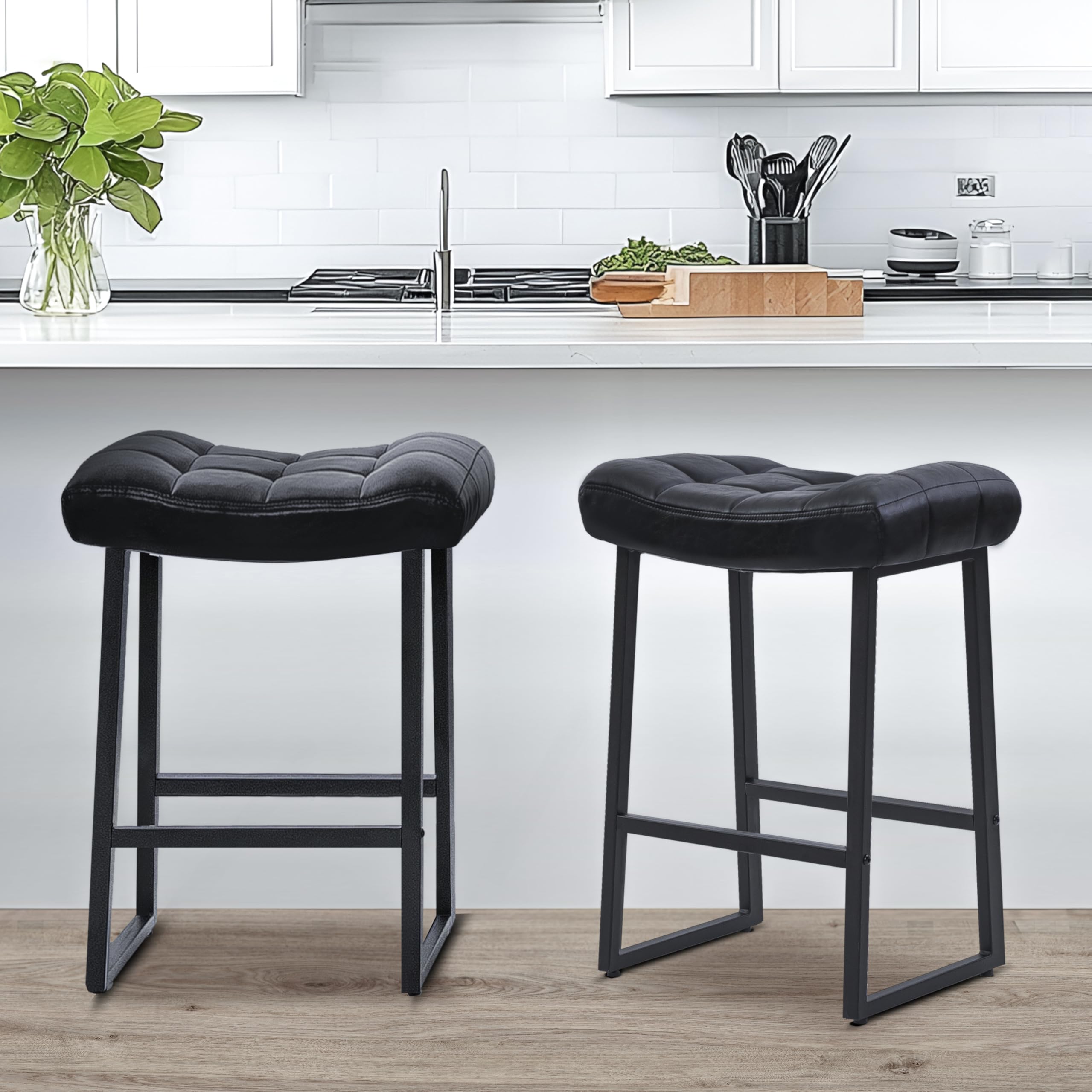 Black Bar Stools Set of 2 for Kitchen Island Counter Height Stools Modern Backless Barstools with Upholstered Faux Leather Saddle Seat and Metal Frame Industrial Bar Chairs, 24 inch