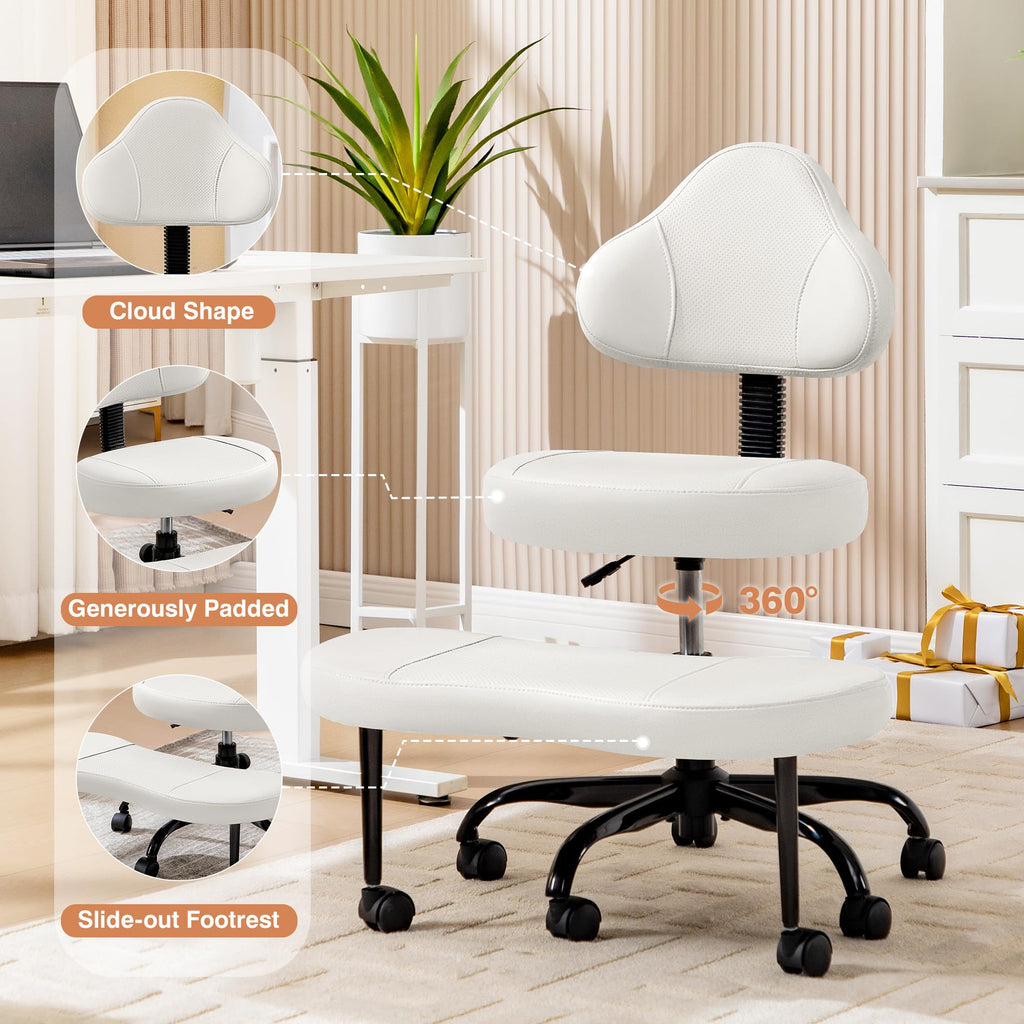 Cross Legged Office Chair, Criss Cross Desk Chair ADHD Meditation Kneeling Yoga Seat with Adjustable Height, Lumbar Support, Wider Footrest and Wheels (White)