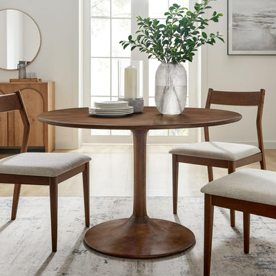 48 Inch Round Wood Dining Table in Walnut – Solid Mango Wood Tabletop with Pedestal Base - Mid Century Modern Dining Room Furniture - Kitchen Table for 4-6 Person