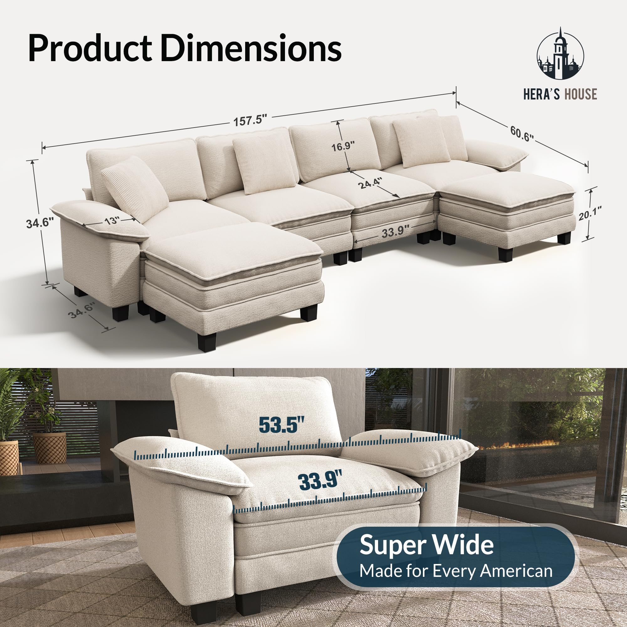 158" Modular Sectional Sofa, Oversized U Shaped Couches for Living Room, Comfy Cloud Couch with Ottoman, 6-Seater Deep Seat Sofa with Throw Pillow, Chenille Beige