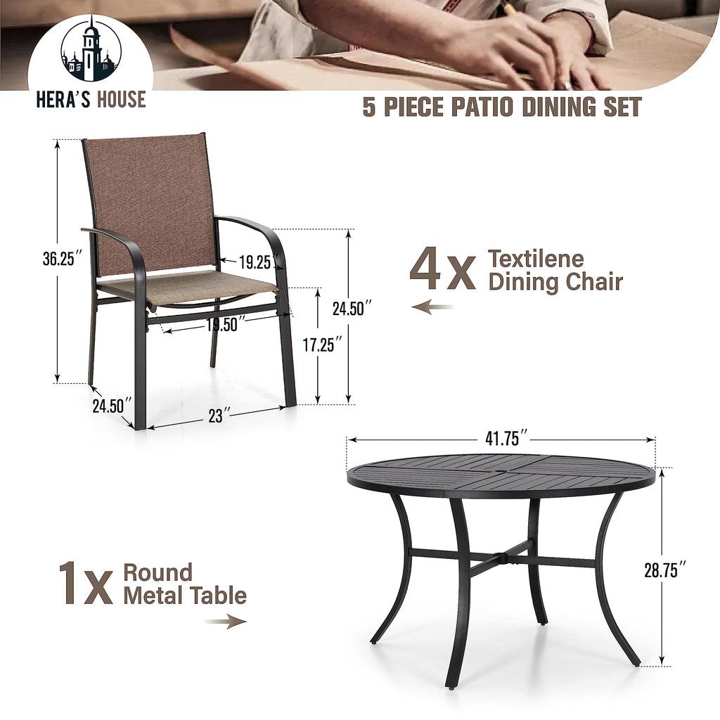 Round Patio Dining Set, 5 Piece Outdoor Metal Table and Chairs Set for Lawn Garden Backyard Deck