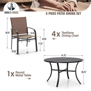 Round Patio Dining Set, 5 Piece Outdoor Metal Table and Chairs Set for Lawn Garden Backyard Deck