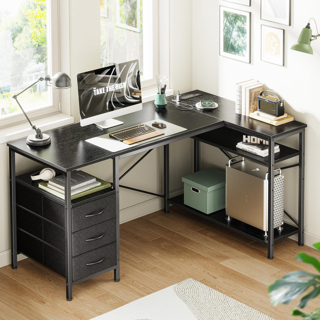 L Shaped Office Desk with Power Outlets, 47 Inch Computer Desk with 3 Drawers, Shelves, for Gaming, Corner Work, Home Office, Study, Black