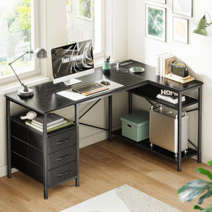 L Shaped Office Desk with Power Outlets, 47 Inch Computer Desk with 3 Drawers, Shelves, for Gaming, Corner Work, Home Office, Study, Black