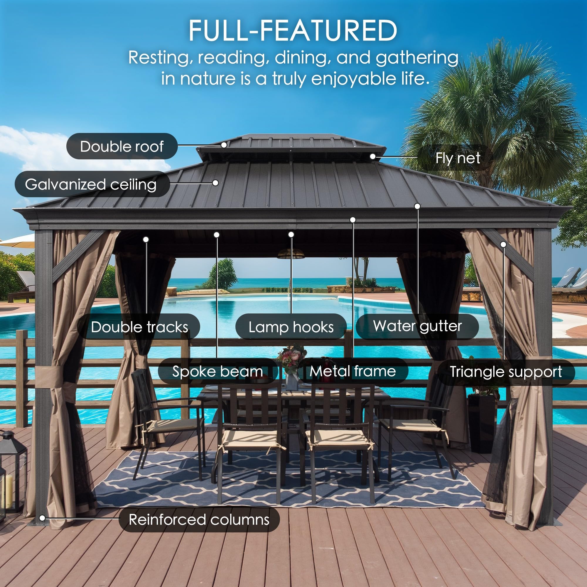 12‘ X 16’ Hardtop Aluminum Permanent Gazebo with a Mosquito Net and Privacy Sidewalls, Permanent Gazebo Pavilion for Patio, Backyard (Brown)